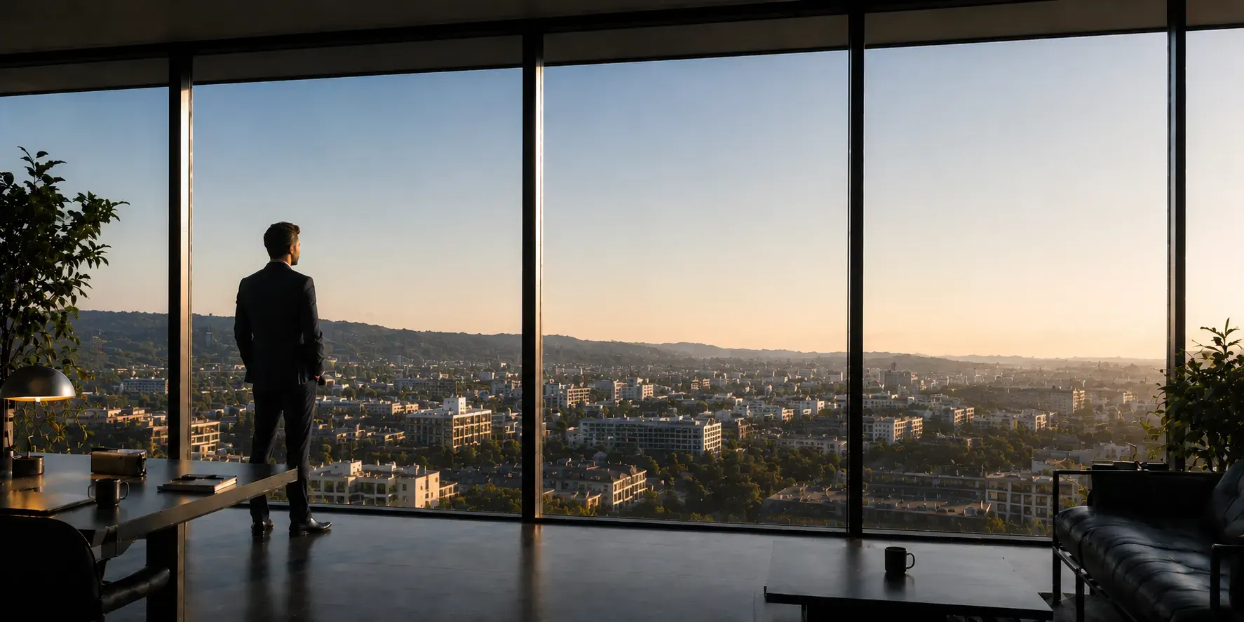 Person looking out an office window over a city skyline at dusk